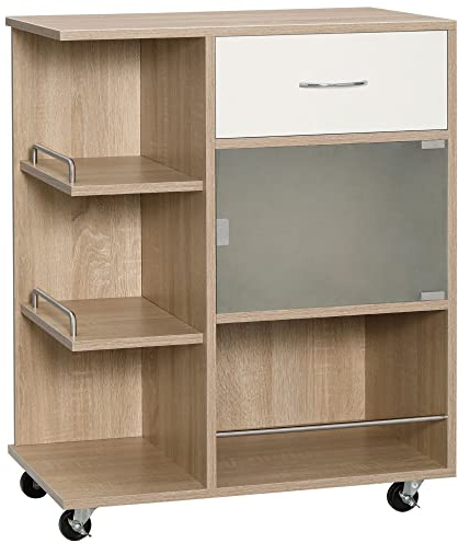 HOMCOM Desserte de Cuisine, Chariot de Service, Roues pivotantes 360°, étagères avec barrières, îlot Central Cuisine, avec tiroir, étagères, Placard, 65 x 39 x 80 cm, Naturel