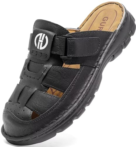 GURGER Herrsandaler läder mulor träskor sommar stängd tå slip-on utomhus strandsandaler, Svart, 41.5 EU