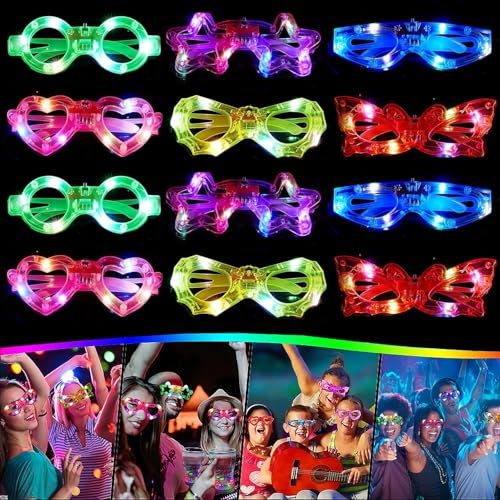 Bacxzomx 12 Pezzi LED Occhiali Luminosi per Feste - Party Neon Rave Fluo Gadget per Compleanno, Matrimonio, Natale, Halloween