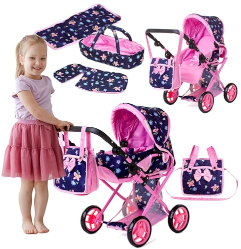 Doris Passeggino per bambole 3 in 1 - profondo + passeggino + borsa | pieghevole, con cabina e gondola | Passeggino giocattolo per bambine