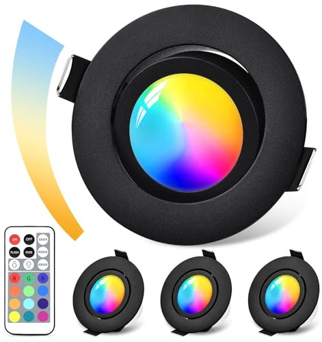 GeyouLux foco empotrado LED regulable RGB,IP44 aluminio Led Spot 230V 68mm,5W 3CCT,120°+45° giratorio techo spot negro con mando a distancia IR para cuarto de baño, 4 piezas