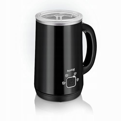 Huslog Mousseur à Lait Électrique 4 en 1, 500W, 240ml, Mousse Chaude & Froide, Chauffe-Lait, Inox Antiadhésif, Arrêt Automatique, Silencieux, pour Café, Chocolat & Cappuccino, Noir Brillant