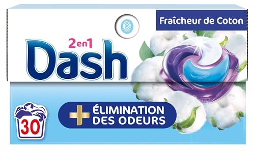 Dash 2en1 PODS, Lessive En Capsule, 30 Lavages, Fraîcheur de Coton, PLUS DE FRAÎCHEUR, ÉLIMINATION DES ODEURS avec l’adoucissant Lenor, Fabriquée En France, Dash 2in1