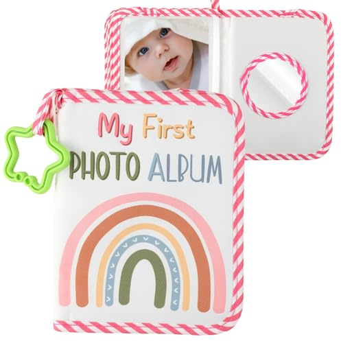 Geoyien Album Photo Bebe Tissu, Livre de Naissance Bébé, Petit Album Photo Enfant avec Miroir de Sécurité, pour Enfants, Tout-petits, Nouveau-nés Cadeaux de Naissance (Rose)