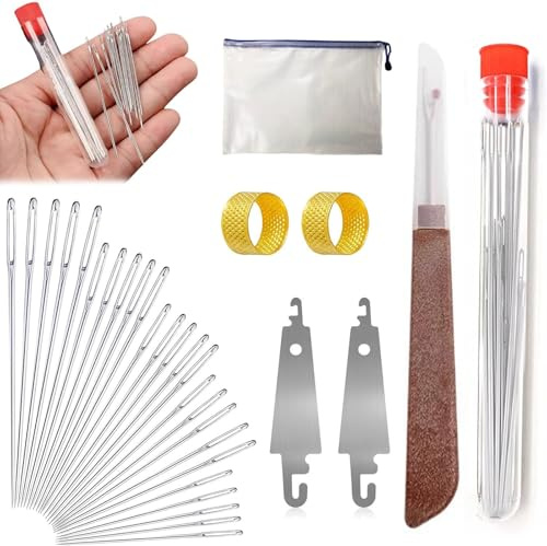 FLKWOP Kit di Aghi da Cucito in Acciaio a Cruna Larga, 2025 Nuovi Aghi in Acciaio Inox per Cucito a Mano, Set di 31 Aghi in Acciaio a Cruna Larga - Kit di Aghi Lunghi e Sottili per Trapuntatura e