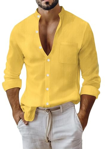 Chemise à manches longues en coton et lin pour homme – Décontractée boutonnée, col montant à bandes, tissu léger, parfait pour la plage et les loisirs d'été