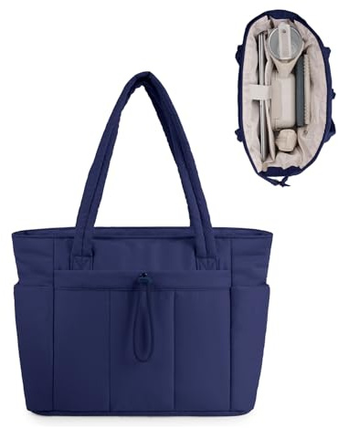 Wandering Nature Bolso Mujer Acolchado Grande, Bolso Shopper Mujer con Compartimento para Portátil 15.6 y Portabotellas 40oz para Negocios Escuela Viajes, Azul Oscuro (Patente en Trámite)