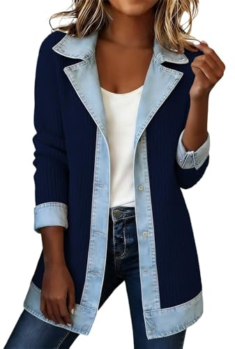 Blazer Femme Denim Patchwork Cardigan avec col en jean Bloc de couleur Casual T-shirt à manches longues Décontracté Veste en jean Mode Vestes à manches longues Haut en tricot flatteur Pull de loisirs