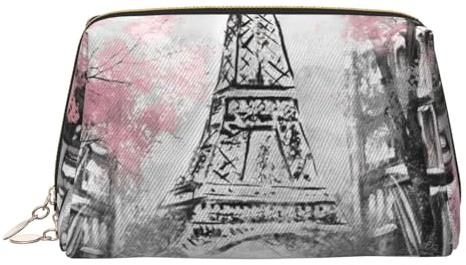 Borsa per trucco da donna con note musicali per pianoforte e violino, portatile, in pelle, da viaggio, con cerniera dorata, organizer per cosmetici, Paris Street Torre Eiffel Rosa Floreale, One Size