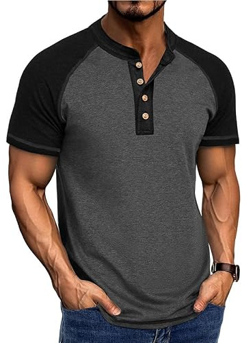 Halfword Tee Shirt Homme Henley Manches Courtes éTé | Respirant, éLasticité,Regular Fit,Sport T Shirt,Raglan,Bicolore TShirt