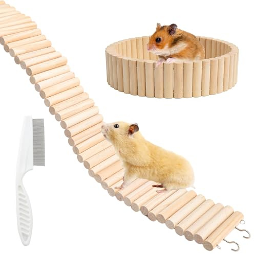 JYYWTSI hamsterbro, 60 x 8 cm hamster stege träleksak med loppkam, böjbar träbro av naturligt trä med metallkärna och krok för klättring som burtillbehör för små djur och racermöss