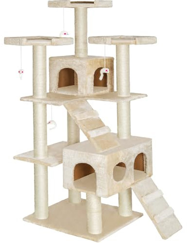 tectake® XXL Luxus Sisal Kratzbaum 186cm groß mit Spielzeug & Zubehör für Kitten und Katzen, Sisalseil Kratzstamm, Katzenhöhle und Katzenhaus, Katzentreppe und Aussichtsplattformen - beige