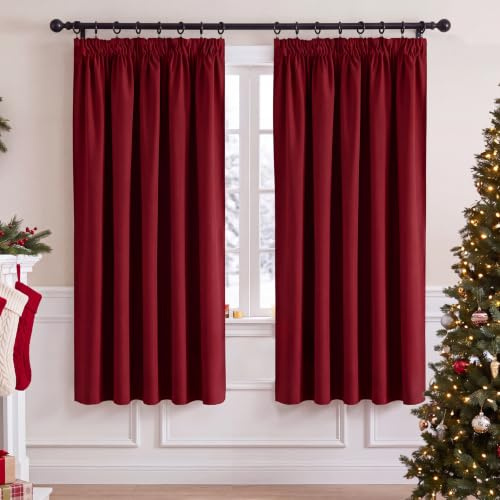 PONY DANCE Blackout Pencil Pleat Curtains, Red, W66 x L72 Inch, 2 Panels | Thermal Insulated Curtains with Noise Reducing & Privacy, Luxury Soft Window Treatment for Bedroom & Living Room