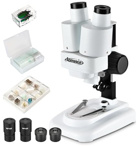 Aomekie® Microscope 20X 50X with 10Pcs Slides Insect Specimen Stereo Microscope with WF eyepieces LED Light Source Portable Stereoscope 12Pcs Mineral specimens
