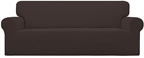 Easy-Going Stretch Sofa Slipcover 1-Piece Sofa Cover Furniture Protector Couch Soft with Elastic Bottom for Kids, Polyester Spandex Jacquard Fabric Small Checks (Sofa, Chocolate)
