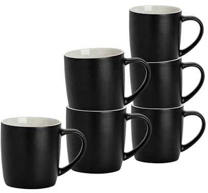 Argon Tableware Coloured Coffee Mugs - Matte Black - 350ml - Pack of 6 - Matt Ceramic Stoneware Latte Cappuccino Cups Hot Chocolate Cups Colourful Mug Set with Handle