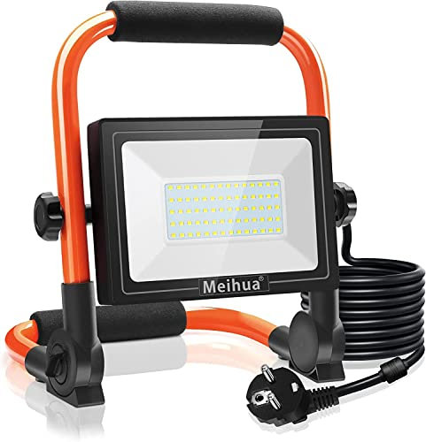 MEIHUA Luz de Trabajo Plegable 60W, Foco LED Portátil Exterior, IP66 Impermeable, Rotación 360°, Soporte Plegable, Cable de 5 m, 6500K Luz Blanca Diurna Proyector Aire Libre, Taller y Garaje