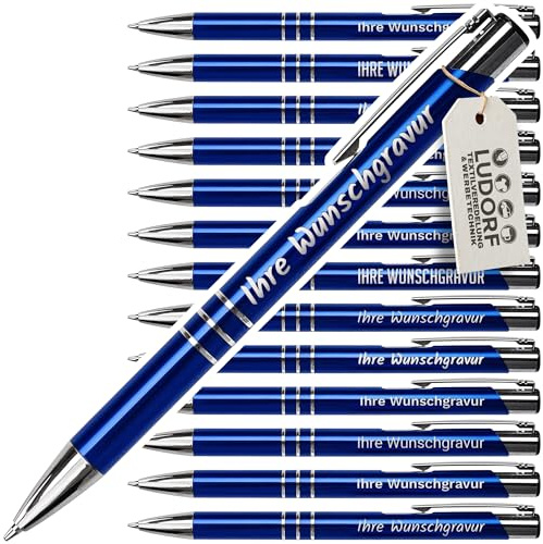 #teamludorf 10x Metall-Kugelschreiber mit Wunsch-Gravur - Personalisierte Kulis - Stift mit Namen - 14 Farben & 20 Schriftarten - 10 Stück - Blau