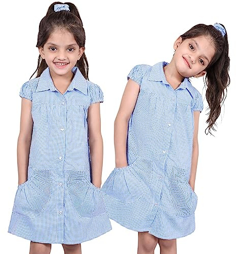 A2Z 4 Kids Girls Dress Pack of 2 School Uniform Pleated Gingham Checked Summer - UF Dress 648 Light Blue 2 Pack 3-4