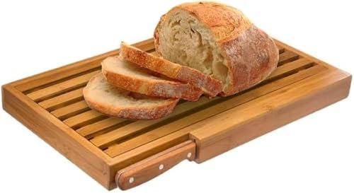 Avilia Planche à pain en bambou avec bac à miettes et couteau en acier inoxydable, 44 x 27 cm, résistante et facile à nettoyer