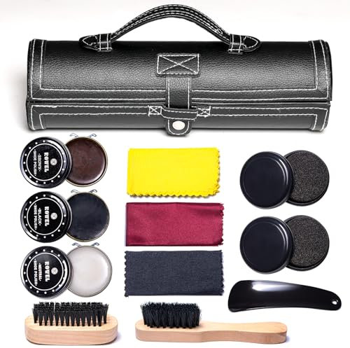YUET Kit Lustrascarpe con Elegante Custodia in Pelle PU, kit Spazzola Lustrascarpe da Viaggio in 12 pezzi, Scarpe Spazzola, Borsa Portaoggetti,Kit di Manutenzione e Pulizia
