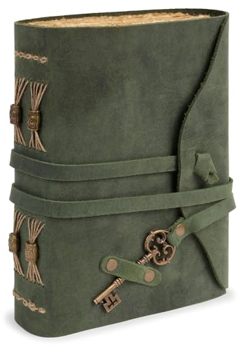 GlobeeCraft Diario Vintage de Cuero Verde con Llave y Papel de Algodón, Cuaderno Cuero para Viajes ideal para Escritura, Notas Personales y Travel Diary 21x17 cm