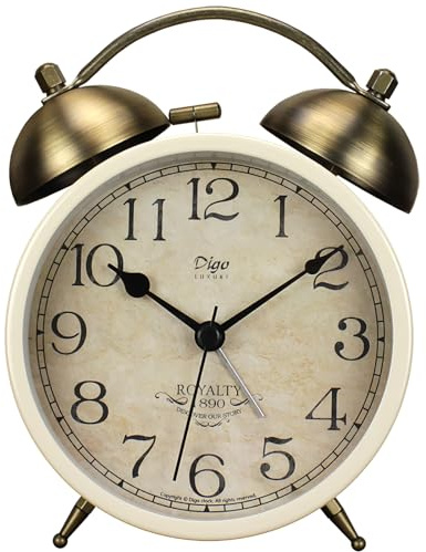 Maxspace Reloj despertador de doble campana, reloj despertador analógico retro silencioso sin tictac con luz nocturna, reloj de escritorio pequeño para mesita de noche, funciona con pilas (blanco)