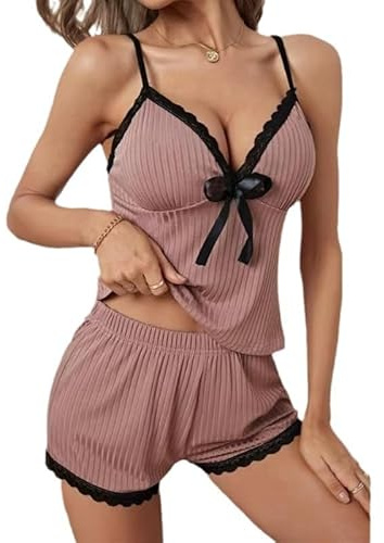 Satohom Womens Summer Cotton Pyjamas Set 2 Pieces Solid Color Camisole Shorts Casual Sleepwear Soft Deep V Neck Pjs Sets Plain Sleeveless Nightwear Lace Loungwear Cami Top Elastic Loose Home