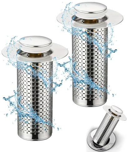 2Pezzi Confezione da Scarico Lavabo Bagno Universale Pop up,Filtro Tappo Lavandino con Filtro Anti Clogging,Valvola Piletta Cucina Bidet Vasca,Acciaio inossidabile(Per il foro di drenaggio di 34~40mm)