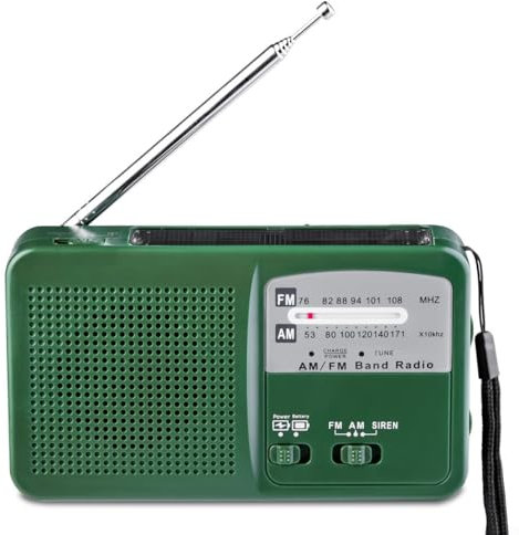 Piccole radio portatili AM FM a manovella, con caricatore solare e torcia, radio multifunzione, caricatore per cellulare (verde) radio solare Bank per illuminazione