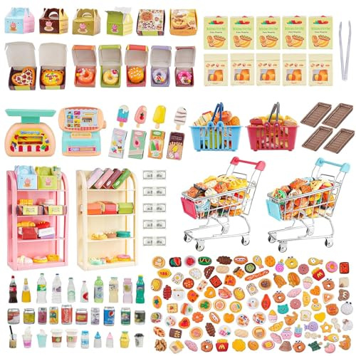 196Pcs Dollhouse Miniature Store Grocery Accessories Mini Shopping Cart Basket 4 Three-Layer Shelves Supermarket Metal Handcart Resin Food Drink Bottle Cash Register Packaging Box