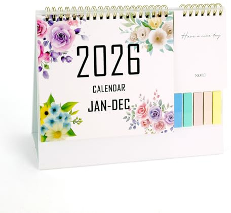 2026 Calendar-Desk Calendar 2026 Uk, With Note And Sticky Notes, Covers 12 Months Runs From January 2026 - December 2026, With Strong Twin-Wire Binding