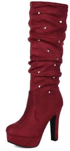 Botas altas hasta la rodilla con plataforma y punta redonda para mujer, plisadas, pantorrilla ancha, para invierno, con decoración de tachuelas, rojo vino, 37 EU