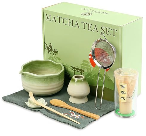 8 Set Matcha - Cuenco Matchy, Batidor de Chasen, Posavasos de Chasen, Cuchara de Té, Paño de Cocina y Posavasos