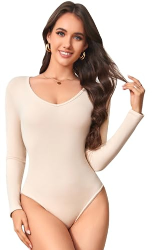 MYSSUCI Body Femme Manche Longue Élégant Bodys Femme Col en V Stretch Haut Manche Longue Body String avec Pressions pour Bureau Quotidien Voyage