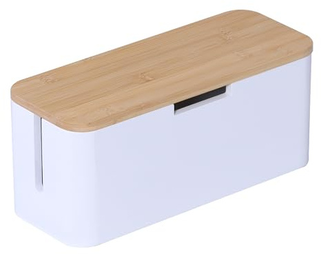 Relaxdays Kabelbox för grenuttag, bambu, lock, HBT: 14,5 x 34 x 11 cm, dold kabel, uttagslåda, natur/vit