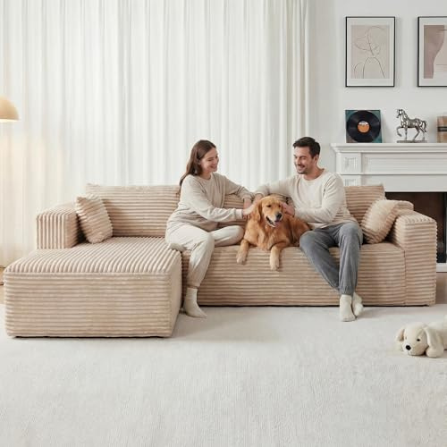 Yihomfy 279 cm Canapé d'angle en Forme de L avec Fonction Couchage -2 Oreillers- 3 Coussins- Canapé modulaire avec méridienne Gauche - Velours Côtelé Canapé-lit pour Salon,Méridienne Gauche (Beige)