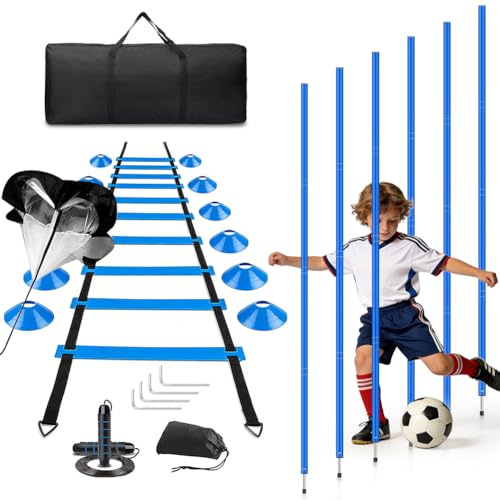 Slalomstolpar-set för fotboll, slalomstolpar fotbollsträningstillbehörsset med 6 slalomstolpar, fotbollsträningsset, med koordinationsstege 6 m, 12 koner, hopprep och motståndsfallskärm