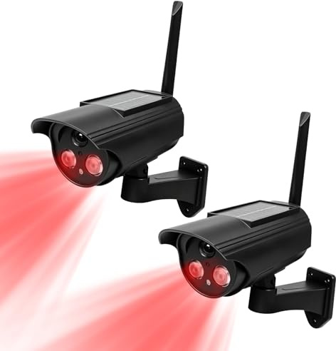 LEKEFETO 2 cámaras falsas para exteriores: solar falsa cámara de vigilancia con luz LED intermitente roja, 3 modos, cámara de seguridad CCTV, cámara falsa para interior y exterior (negro)