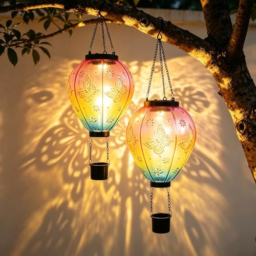2 piezas de globo aerostático solar, 45x14 cm de lámpara solar para exteriores, lámparas solares para exteriores colgantes, globo aerostático de decoración, sensor crepuscular, resistente a la