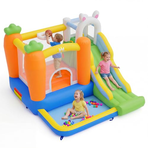 COSTWAY hoppborg med rutschkana, hoppområde, basketkorg, klättervägg, bollbad och 50 bollar, Bouncy Castle för barn, inomhus och utomhus, 280 x 245 x 193 cm