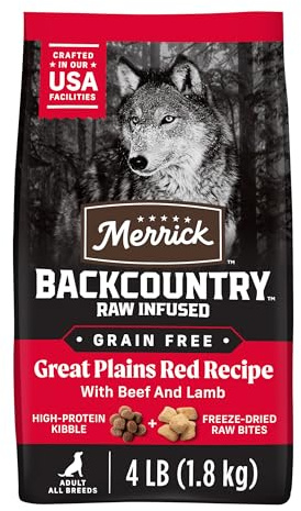 Merrick Backcountry Grain Free Dry Adult Dog Food Kibble With Freeze Dried Raw Pieces, Great Plains Red Recipe - 4.0 lb. Bag