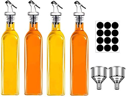 Olive Oil Dispenser,MEETOZ of 4 Glass Oil and Vinegar Dispenser Set with 17oz Oil Container Glass Carafe, Funnel, Oil Pourer Spouts and Labels,Suitable for Oil Kitchen