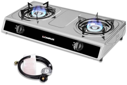 CAMPLUX 2 Burner Propane Camping Gas Stove for Outdoor Cooking, 19,600 BTU Portable Double Burner Propane Cooktop Stainless Steel with Auto Ignition, Estufa de Gas Portatil, for Patio, Camping, BBQ