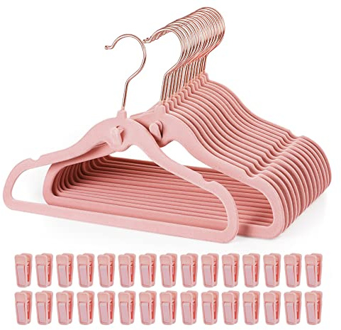 HOUISM Baby Clothes Velvet Hangers 30 Pack with 20 Finger Clips, Slim Space Saving Notched Shoulder, 360° Swivel Hook for Nursery & Kids Wardrobe