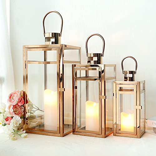 TRIROCKS Set med 3 Stållyktor 48 cm & 38 cm & 30 cm Hög, Metalldekor Ljushållare med Klar Glaspanel för Heminredning, Vardagsrum, Fester (Roséguld)