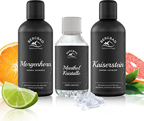 BERGBAD 2 x 100ml VITAMIN KICK Set BIO Saunaaufguss + Mentholkristalle - wohltuendes, erfrischend s Sauna Aufgussmittel mit Bio-Alkohol, Wasser und 100% BIO Ölen + Eiskristalle/Saunakristalle