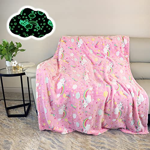 AVJWWD Glow in The Dark Throw Blanket, Unicorn Flannel Fleece Throw Blanket,All Season Blanket Couch Sofa Nap Blanket for Kids Girls Boys Adults Gifts (Unicorn B, 130 x 150 cm)
