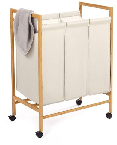 IDMarket - Cesta de lavandería con 3 compartimentos de bambú Rita de tela cruda con ruedas