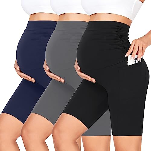GROTEEN Paquete de 3 pantalones cortos de maternidad para mujer con bolsillos, cintura alta de 20 cm, pantalones cortos de ciclista para entrenamiento, yoga, embarazo